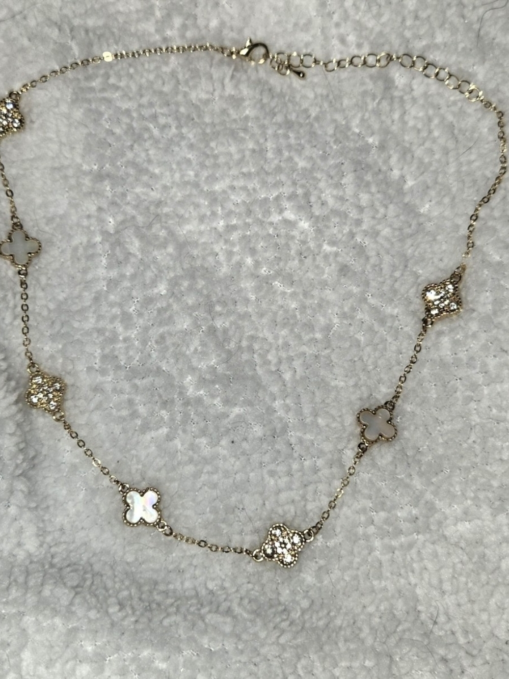 Delicate Gold Tone Clover Station Necklace with Mother-of-Pearl Like & Pave